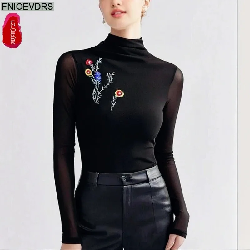 

Черные прозрачные сетчатые топы, блузки, модные женские осенние базовые рубашки с длинным рукавом, водолазка в стиле ретро, облегающий топ с цветочной вышивкой