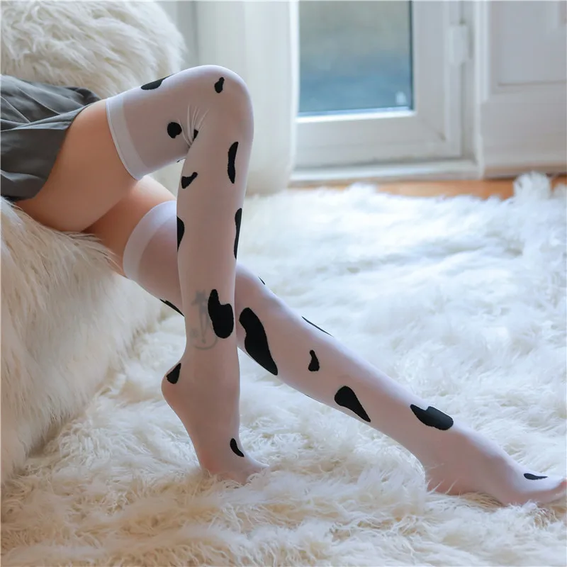 Funny Cow Spots Design Sexy Stockings Cosplay Anime Knee High Socks Personality White Stocking Women Nylon Casual Hosiery