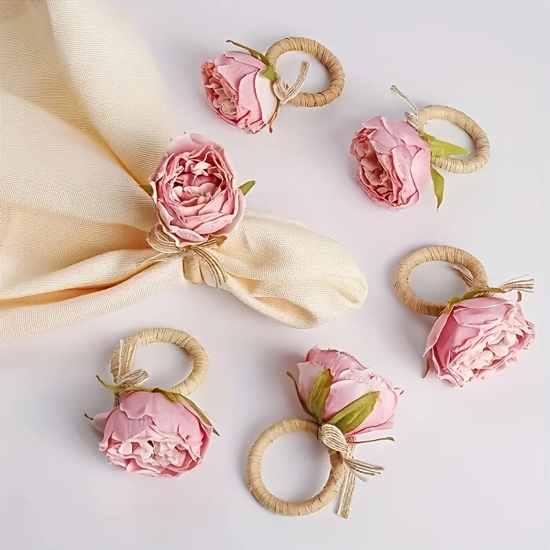 6Pcs Elegant Pink Peony Napkin Rings | Handmade with Burlap and Twine, Ideal for Weddings, Lunches, Picnics,Banquets, Birthdays