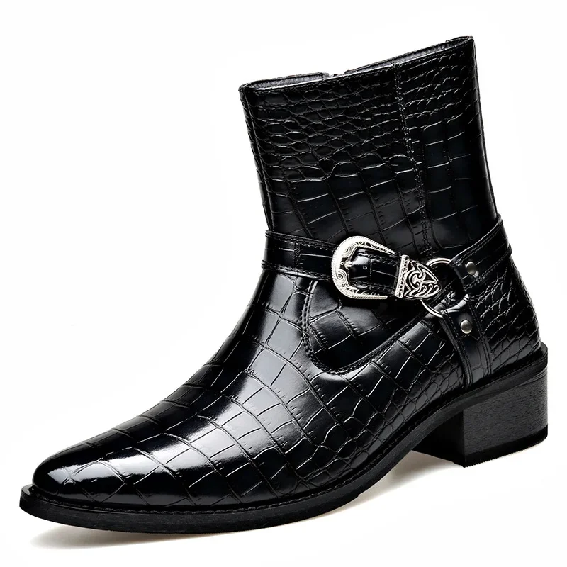 

Big Size Buckle Designer Chelsea Boots Man Fashion Casual Black Autumn Winter Cow Leather Shoes Man Stone Pattern Ankle Boots