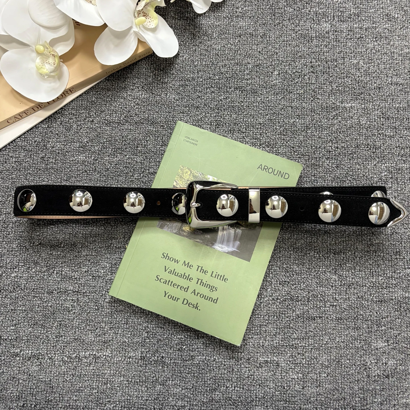 Punk Style Leather Rivet Belt for Women - Genuine Leather with Copper Buckle and Reverse Fur Texture