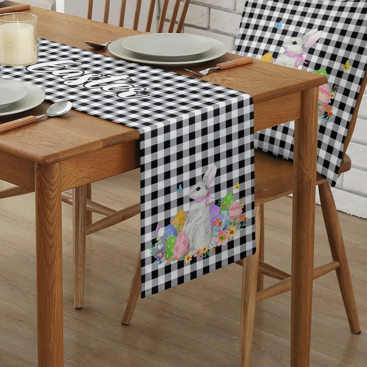 Easter Egg Rabbit Flower Butterfly Plaid Table Runner Wedding Dining Decoration Kitchen  Tablecloth