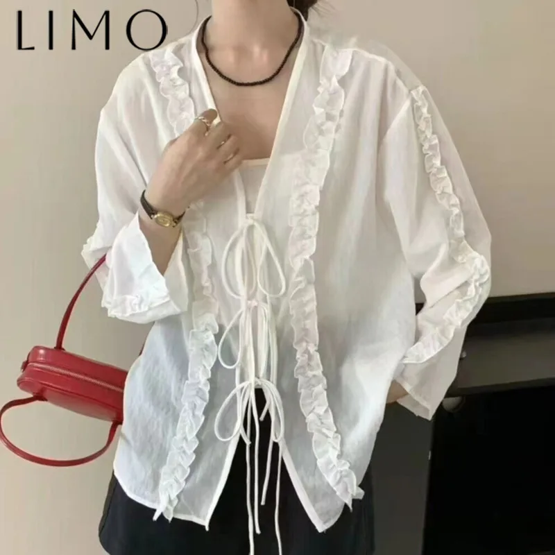 

LIMO Women’s Casual Solid Blouse Ruffle Bow Tie Chic Elegant Spring Summer 2025 Fashion Top High Quality Minimalist