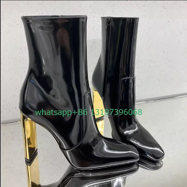 

Lady black patent PU design ankle boots special gold color heel boots office lady shoes 9cm 6cm high heels party boots size 40