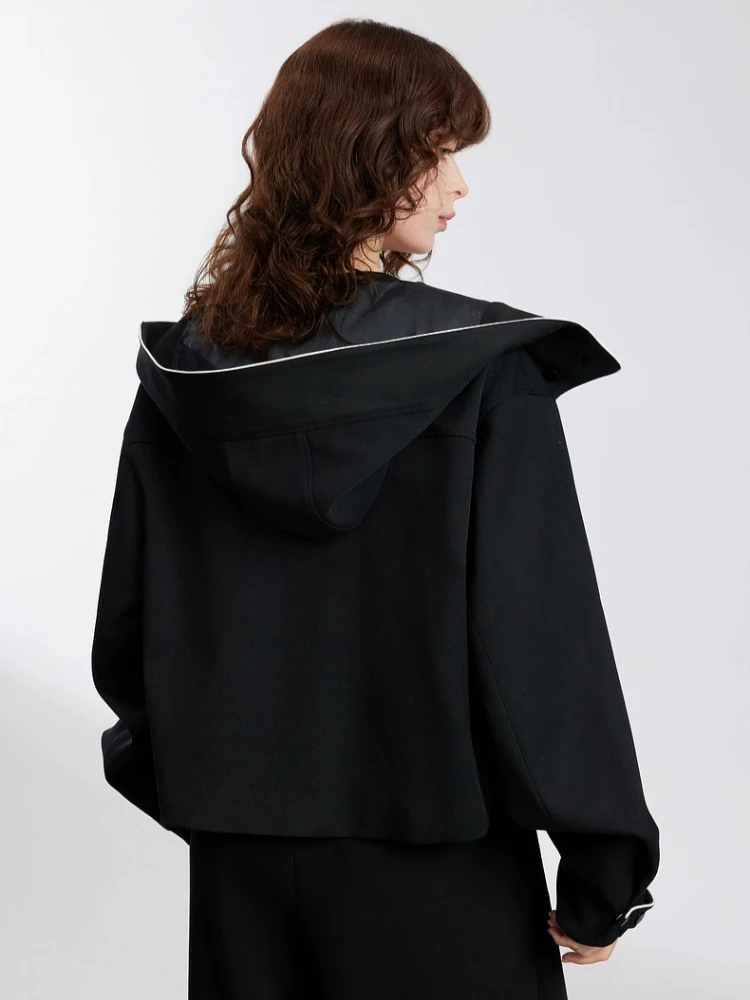 CHEERART Giacca invernale in lana con cappuccio firmata Donna Cappotto con zip in colore a contrasto Nero Nuovo in capispalla Moda autunnale 2025