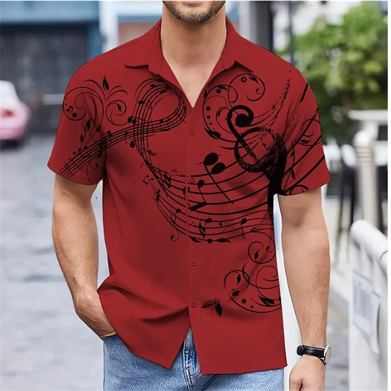 Men\'s music printed Hawaiian shirt, casual oversized street short sleeved shirt, comfortable and soft, various colors of summer