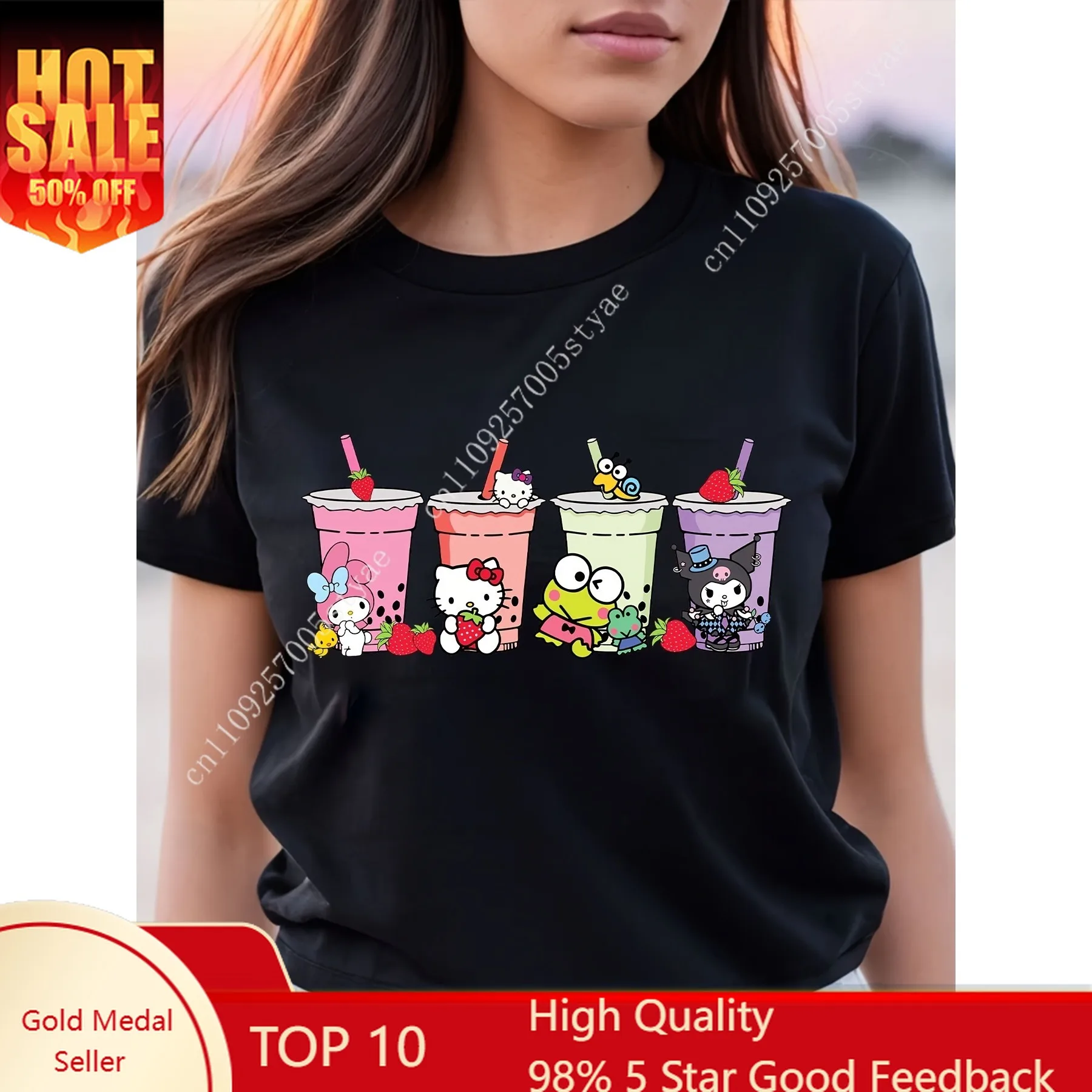 

Sanrio Hello Kitty and Friends Cartoon T-Shirt Cute Cat Short Sleeve Cotton Tee Girls and Woman Featuring HelloKitty