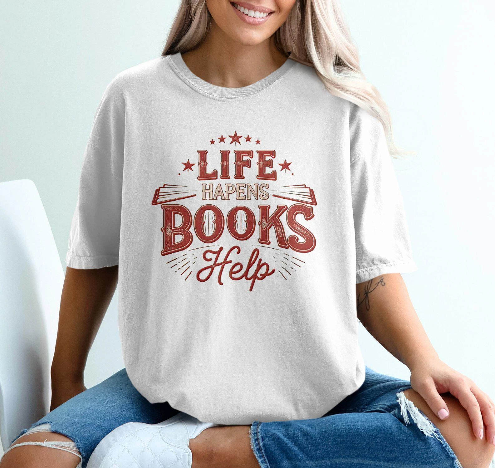 Life Hapens Books Help T-Shirt Women's Summer Tracksuit Crew Neck Short Sleeve Tops Casual Cotton Sportswear Harajuku Retro Tees