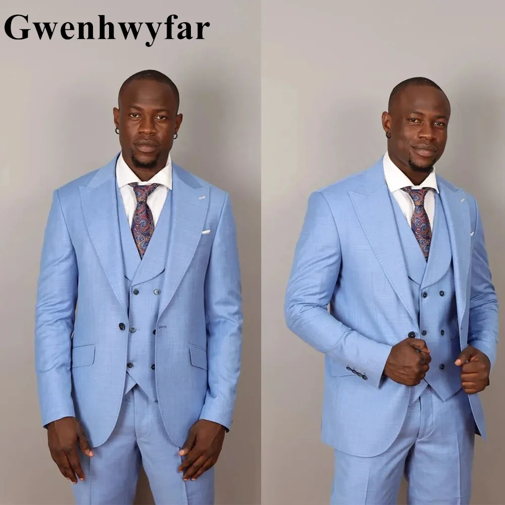 

Gwenhwyfar Sky Blue Men's Suits Tailored 3 Pieces Blazer Pants Peaked Lapel Single Breasted Wedding Groom Custom Made Plus Size