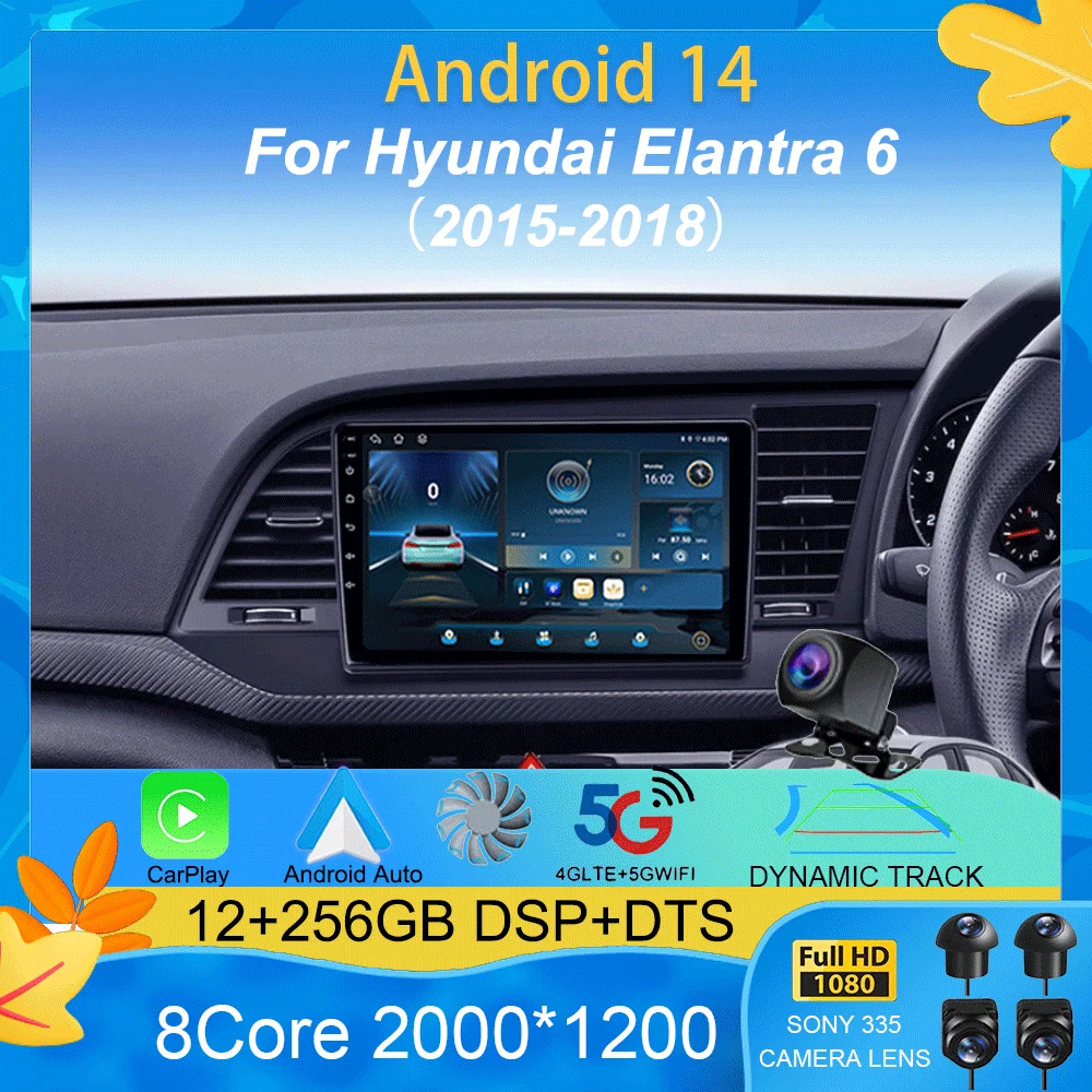 Car Radio Android 14 For Hyundai Elantra 6 2015 2016 2017 2018 Multimidia Video Player GPS Navigaion Split Screen DPS 360 Camera