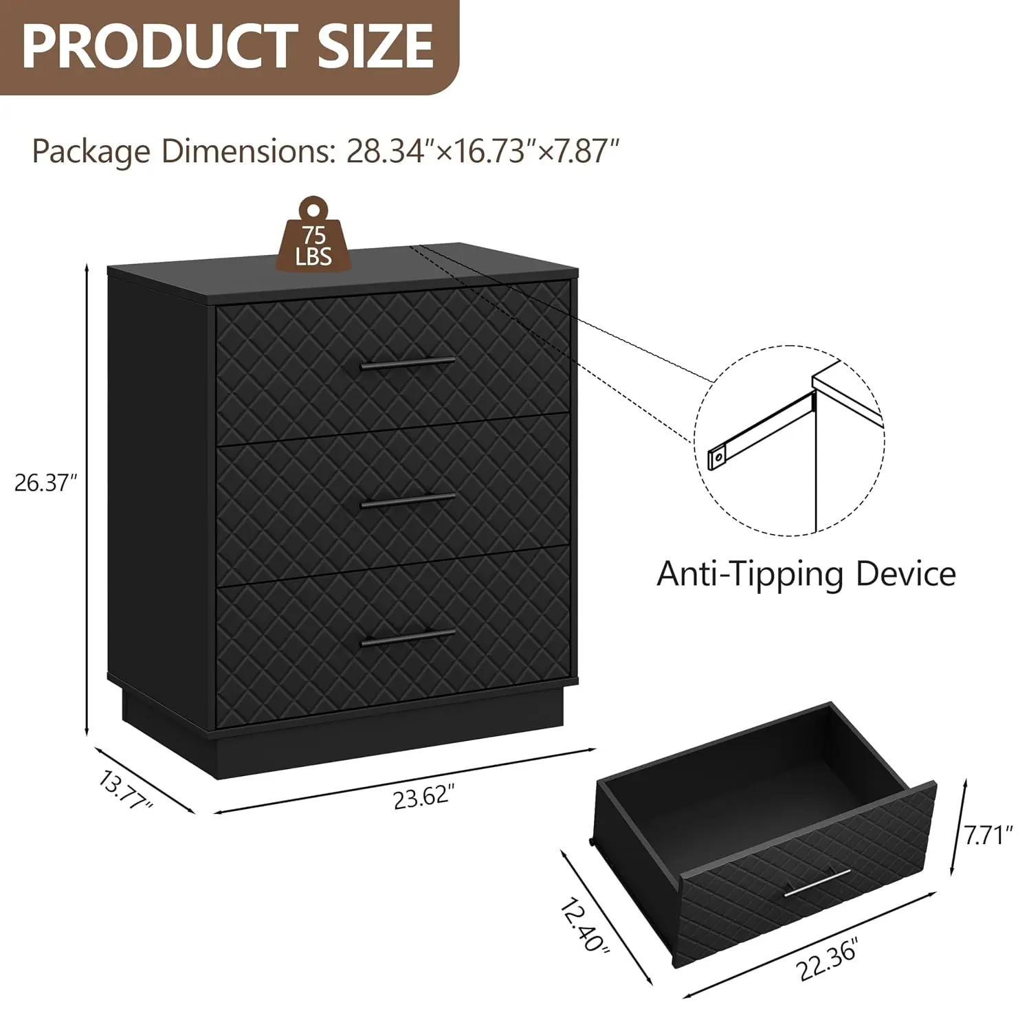 Nightstand Set of 2 with RGB Lights, Wood Bedside Table, Black Modern End Table with Diamond Pattern for Bedroom, Customized