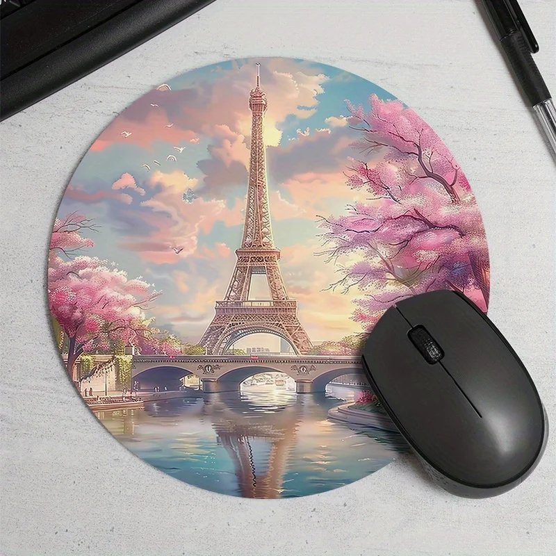Eiffel Tower Round Mouse Pad Non Slip Thick Rubber Desk Mat Office Home Use Gaming Mat Pc Gamers Desktop Organizer