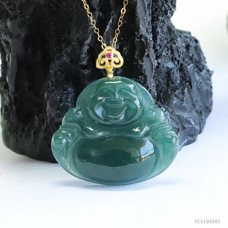 S925 Silver Inlaid Natural Jadeite Buddha Pendant Blue Water Jade Necklace Fashion Personality Female Accessories Amulet Gift
