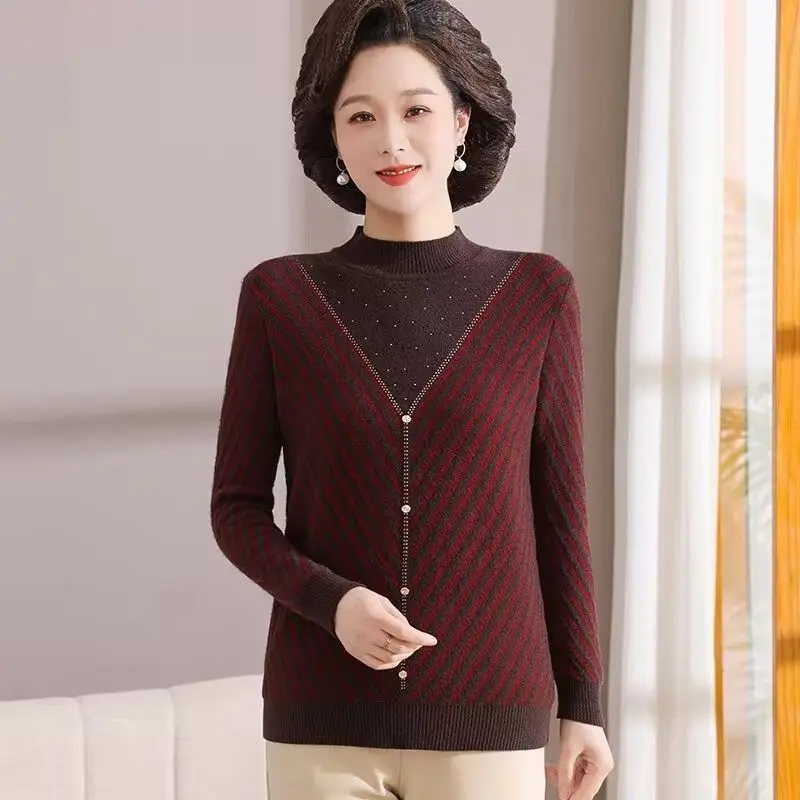 

Autumn Winter Middle Aged Mother Fleece Sweater Thicken Warm Knitted Pullover Sweater Women Casual Stripe Jumper Full Tops 4XL