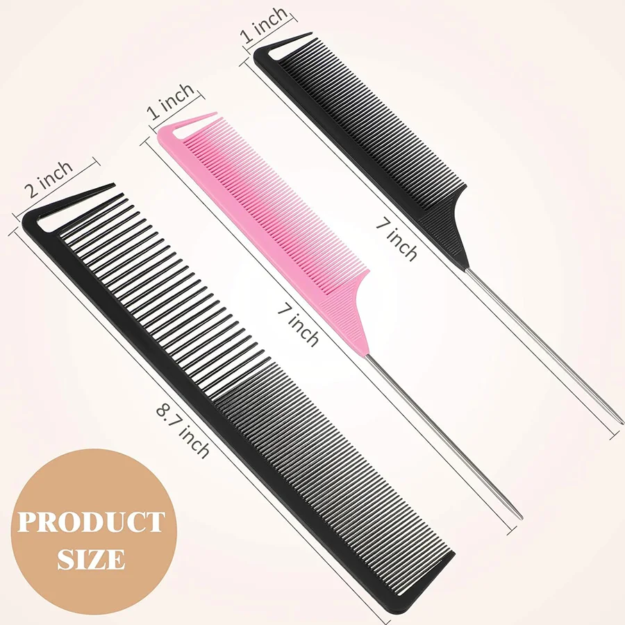 3Pcs Rat Tail Comb Set, Professional Anti-Static Heat Resistant Hair Parting Comb, Steel Pin Tip Styling Comb for Salon Hair