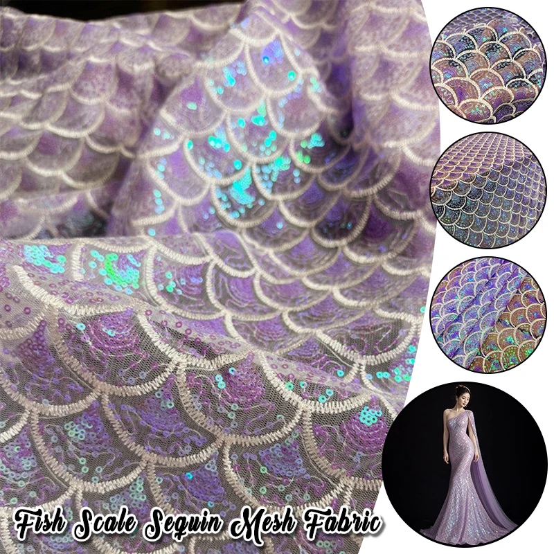 Dream Mermaid Sequin Mesh Fabric Creative Scales Fan-shaped Shell Embroidery Designer Fabric DIY Stage Costume and Fashion Dress