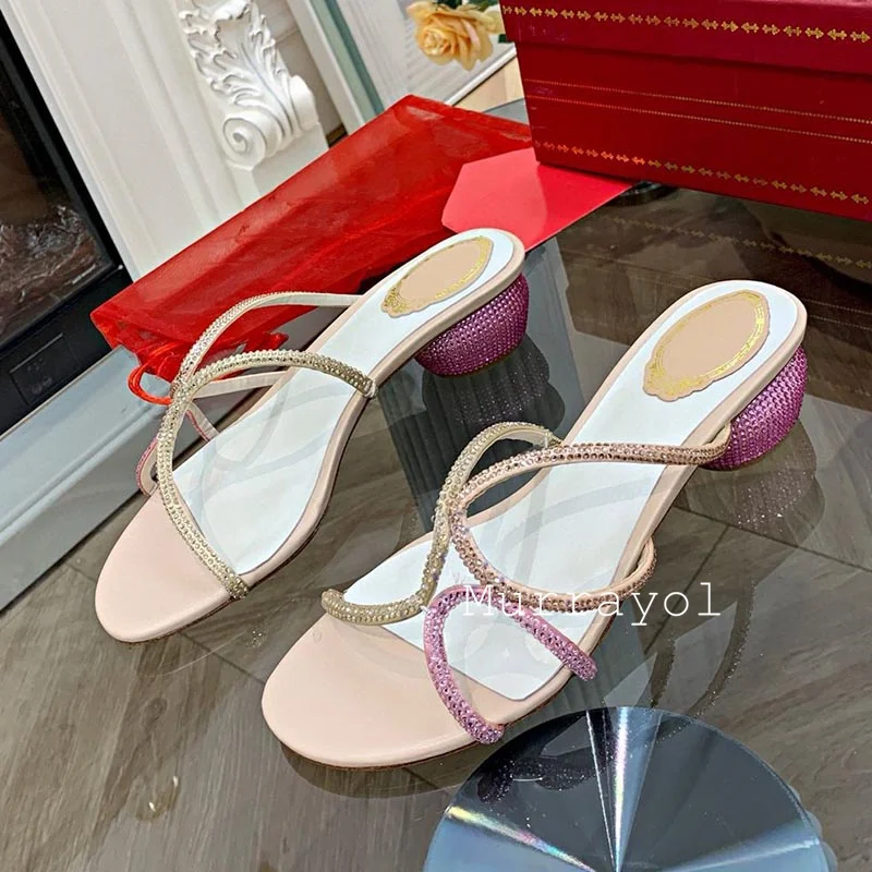 Rhinestone Decor Low Heels Slippers Women Open Toe Thin Band Cross Weaving Sandals Summer Seaside Vacation Shoes Dress Shoes