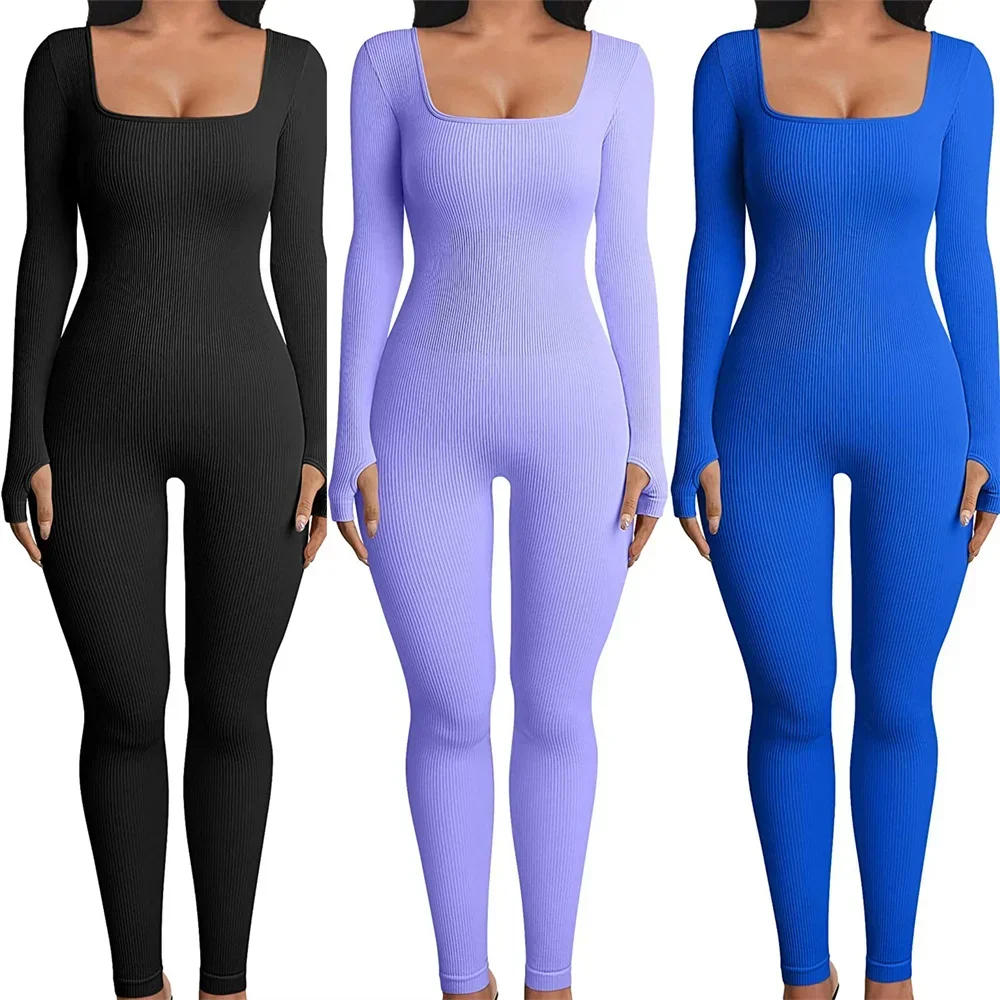 Jumpsuit wanita, Jumpsuit kurus warna Solid pita rajut lengan panjang leher persegi, Jumpsuit Romper Bodycon, pakaian olahraga Yoga