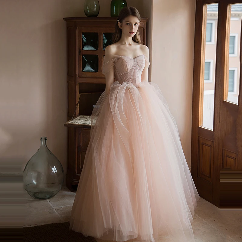 

Luxurious Pink Long Tulle Prom Dresses Off The Shoulder Sweetheart Beads Evening Party Gown Customized Vestido De Noiva