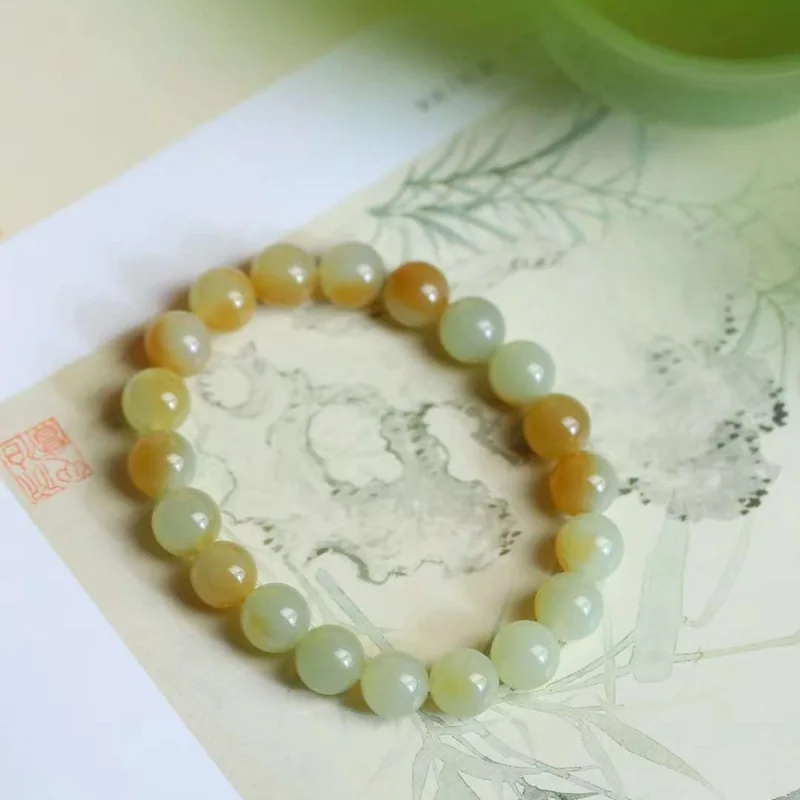 Natural Hetian Jewelry Supply Chain Qie Mo Old Material Qiao Color Beads Round Jade Smooth Brac