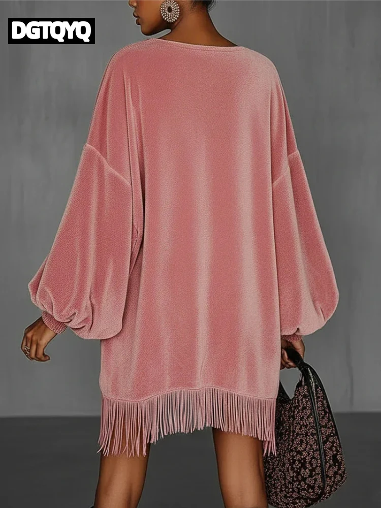 2026 Fashion Retro Tassel Mini Dress O-Neck Long Sleeve Lantern Sleeve Fringe Hem Dress Solid Color Loose Spring Party Dress