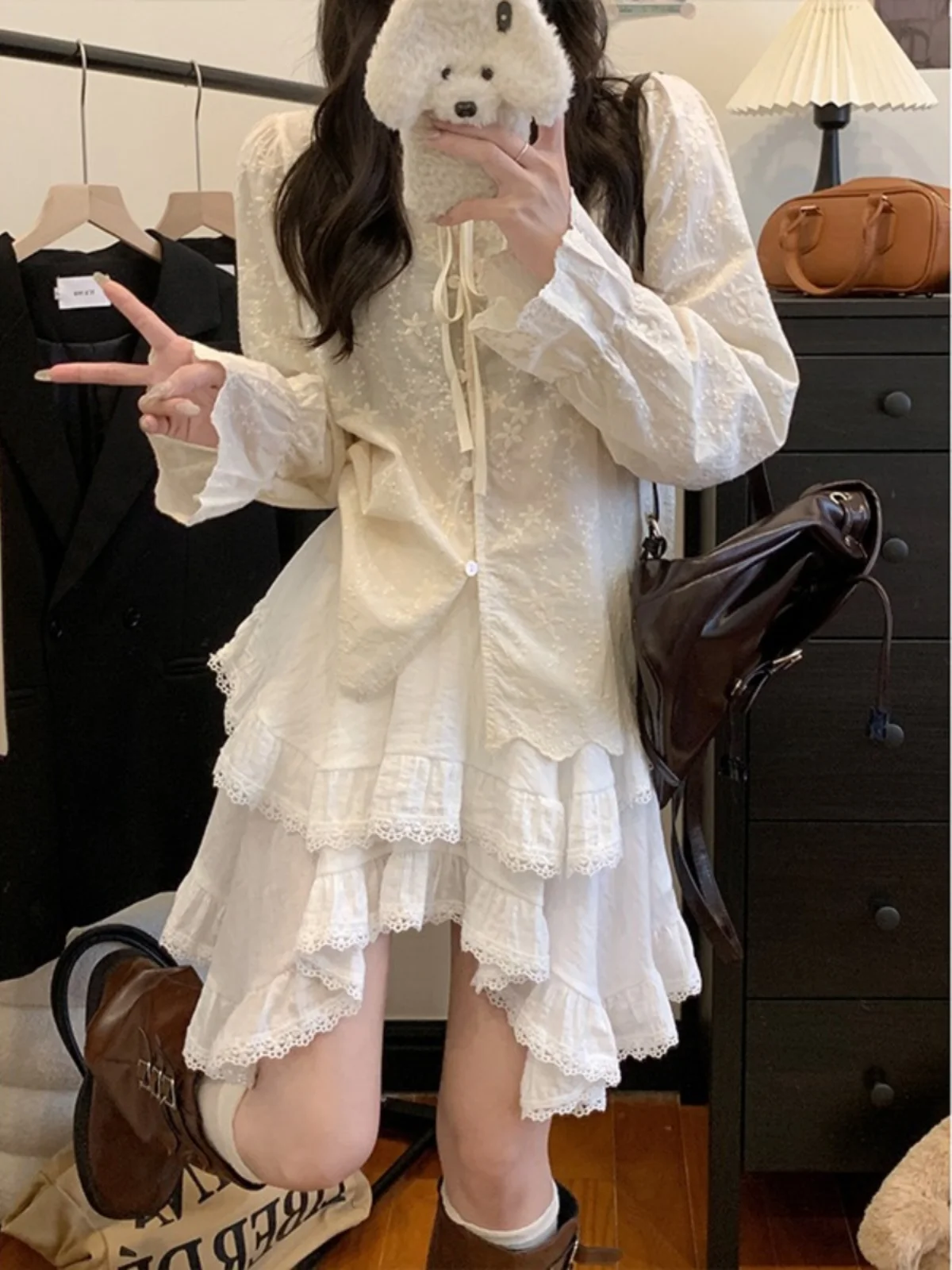 Irregular White Ballet Short Skirt Women's plus Size Lace Trimmed Petal  Korean Style High Waist A-Line Midi Skirt