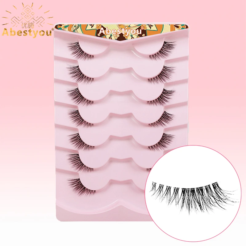 Abestyou Makeup 12mm 7pairs 3D Faux Mink Invisible Band Half Lashes For Small Eyes Cat Eye Winged False Eyelashes Extension