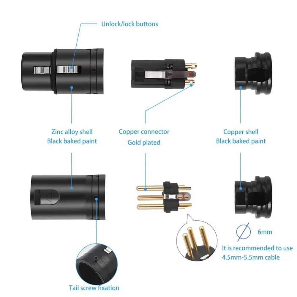 DIY Audio Plug XLR Connector Gold Plated Contacts Locking Right Angle XLR Adapter Compact Low Profile Black Metal Shell