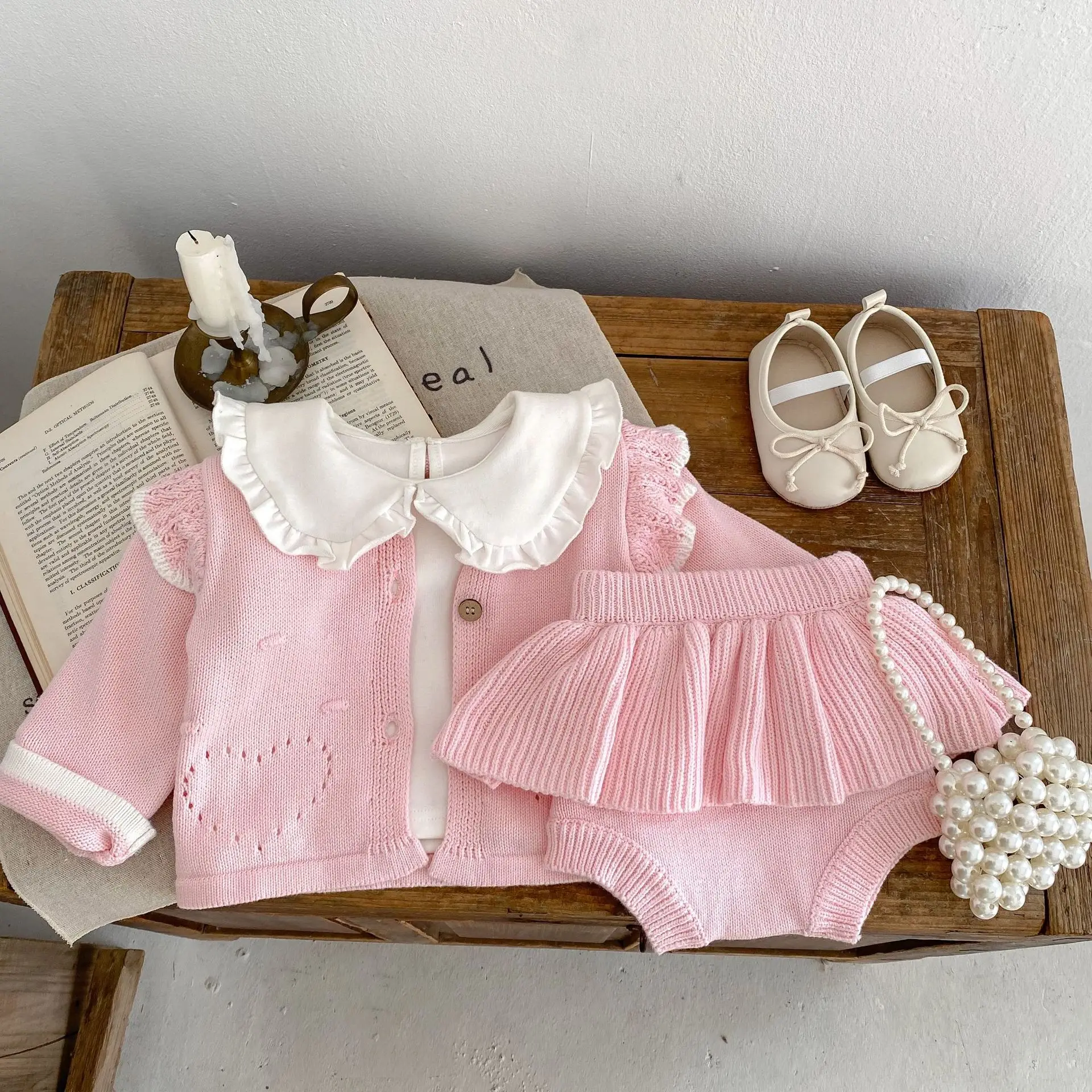 2024 Autumn Infant Baby Girls 2PCS Clothes Set Cotton Knitted Buttons Sweater Coat Ruffle Culottes Suit Toddler Girls Outfits