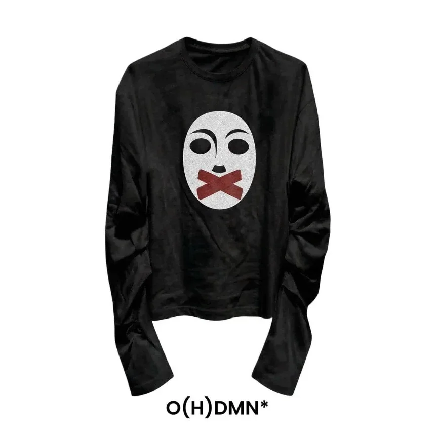 Goth Y2K Grunge Black Long Sleeve T-shirts Silent White Mask Red X Cross Mouth Print 100% Cotton Streetwear Shirt Punk Hip Hop
