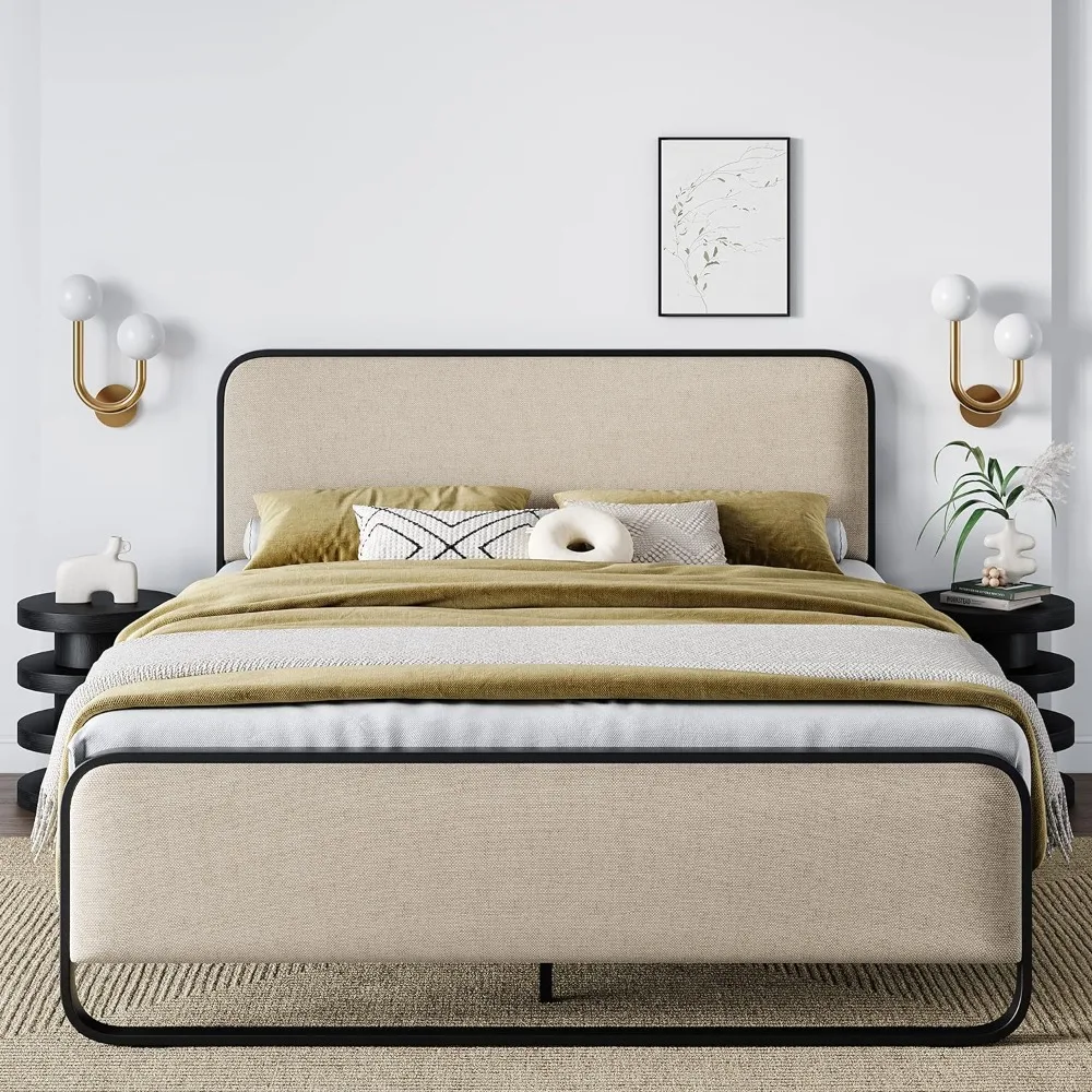 

Queen Size Metal Bed Frame with Curved Upholstered Headboard and Footboard, with Under Bed Storage,No Box Spring, Vintage, Beige