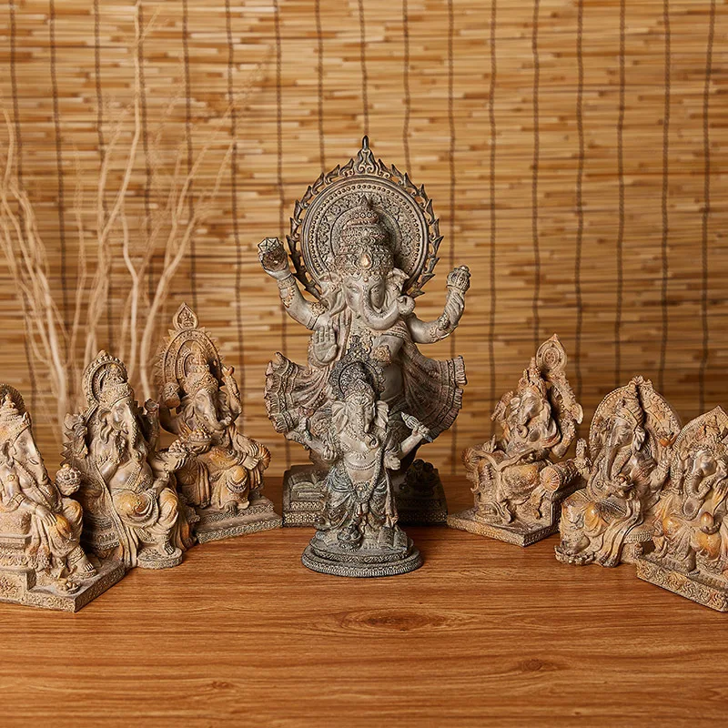 Antique Style Ganesha Statue Thai Indian Inspired Elephant God Figurine Resin Craft for Home Temple Decor Blessings