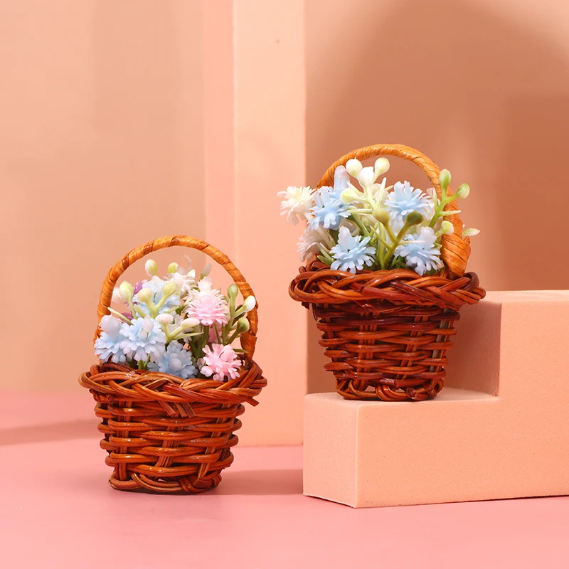 1Set 1:12 Dollhouse Miniature Woven Flower Basket Hand Basket Storage Basket Kids Pretend Play Toy Doll House Accessories