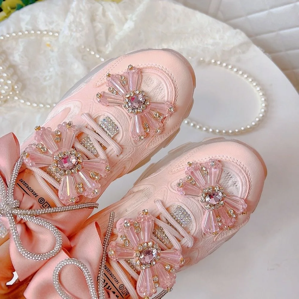 Korean Style Cute Pink Bow Women Platform Chunky Sneakers Bling Rhinestones Daddy Shoes Female Casual Sports Tennis Trainers