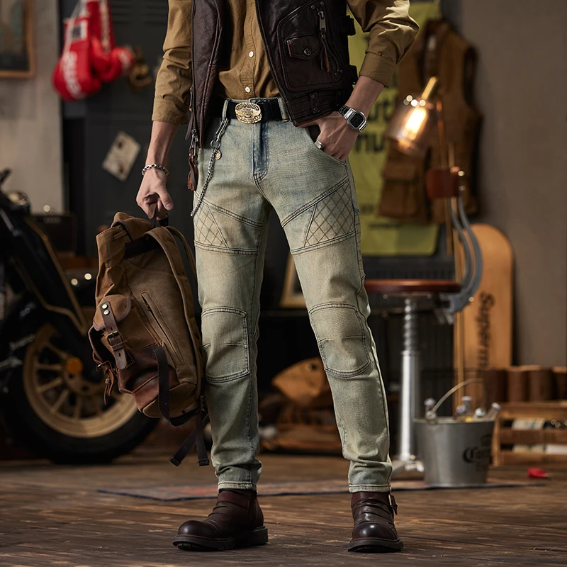 Retro Distressed Street Motorcycle Jeans Men's Stretch Tight Stretch Motorcycle Handsome Slim-Fitting Casual High-End Trousers