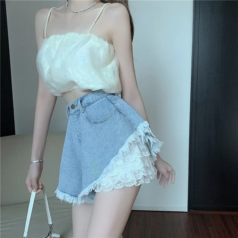 

Female Summer Lace Leggings Two-piece Suit New Cute Women's Shorts Sexy High Waist Fringed Fringe Umbrella Pants Ruffled Shorts