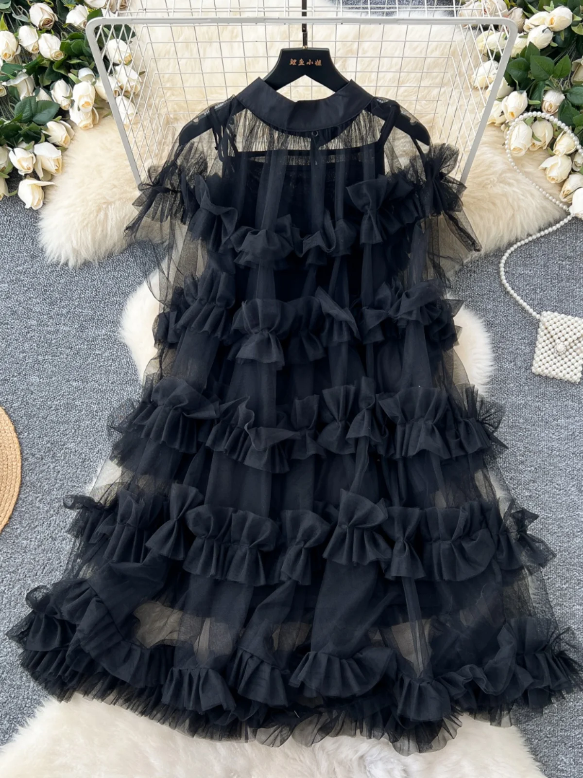 GetSpring Women Dress 2025 Spring Autumn Fashion Mesh Stitching Ruffles Short Sleeve Loose Fairy Long Gauze Black White Dresses