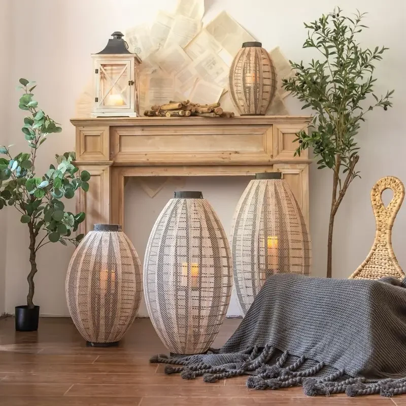 

JK Mu Space, model room courtyard floor-to-ceiling cloth candlestick lantern, homestay decoration large ornament retro wind lamp