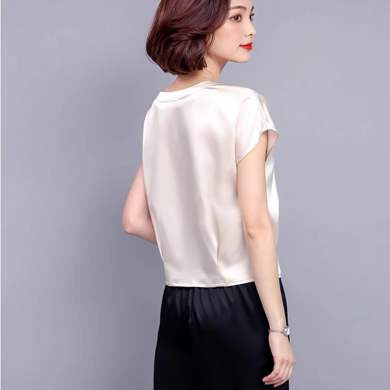 Women\'s Silk Short Sleeved Blouses, Casual O-Neck Shirts, Solid Loose Tops, Spring and Summer Clothing, New Fashion, 0425