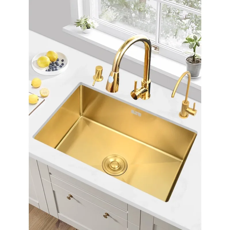 Nano gold hand-thickened 304 stainless steel basin vegetable basin sink large single slot under the counter basin kitchen sink