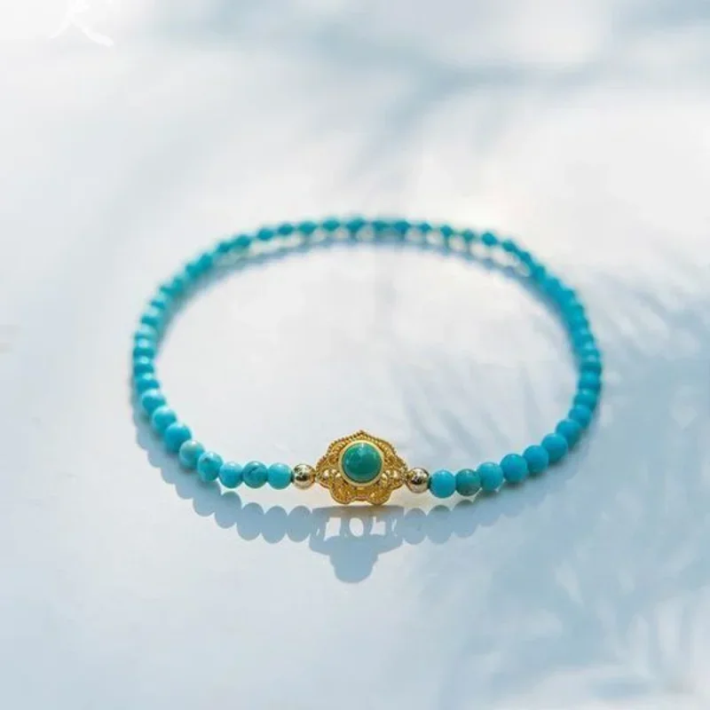 Natural Turquoise Fine Bracelet Women's Single Circle Green Jewelry Niche Noble Hand String Buddha Pearl Wen Play Ruyi Hand Rope