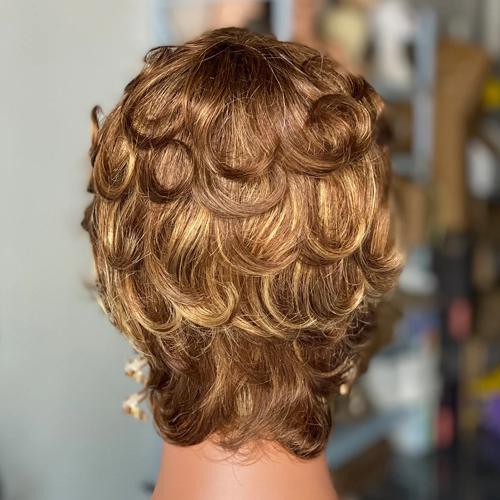 شعر مستعار قصير مموج 4 بوصة 100% شعر بشري منتفخ مسبقًا مع شعر أطفال خط شعر طبيعي شعر مستعار كامل للسيدات والنساء