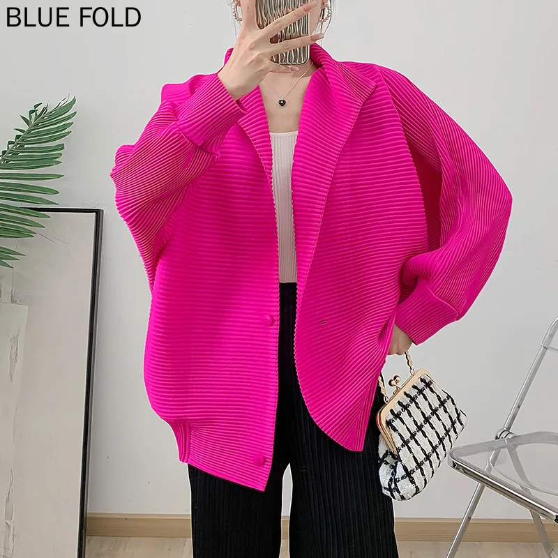 MIYAKE-Single-Breasted Stretchable Short Jacket Women Stretchable Outerwear Top Casual and Elegant Loose Large Lapel Spring Ne