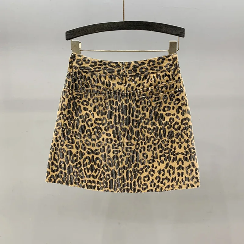 [ZOCI] Western Leopard Print Girl Style Denim Skirt Women Summer New Versatile A-line Hip Hugging Short