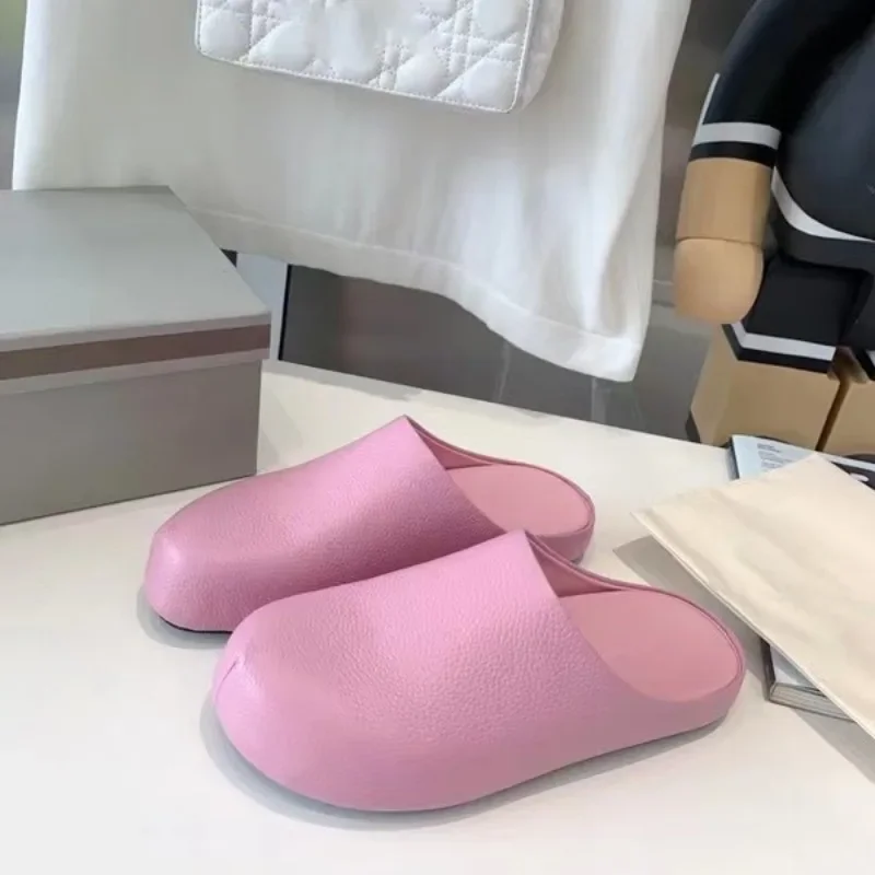 

Internet Celebrity Casual Couple Pink Flat Slippers Black Leather Candy Color Fashion Outdoor Women's Half Slippers Size 34-43