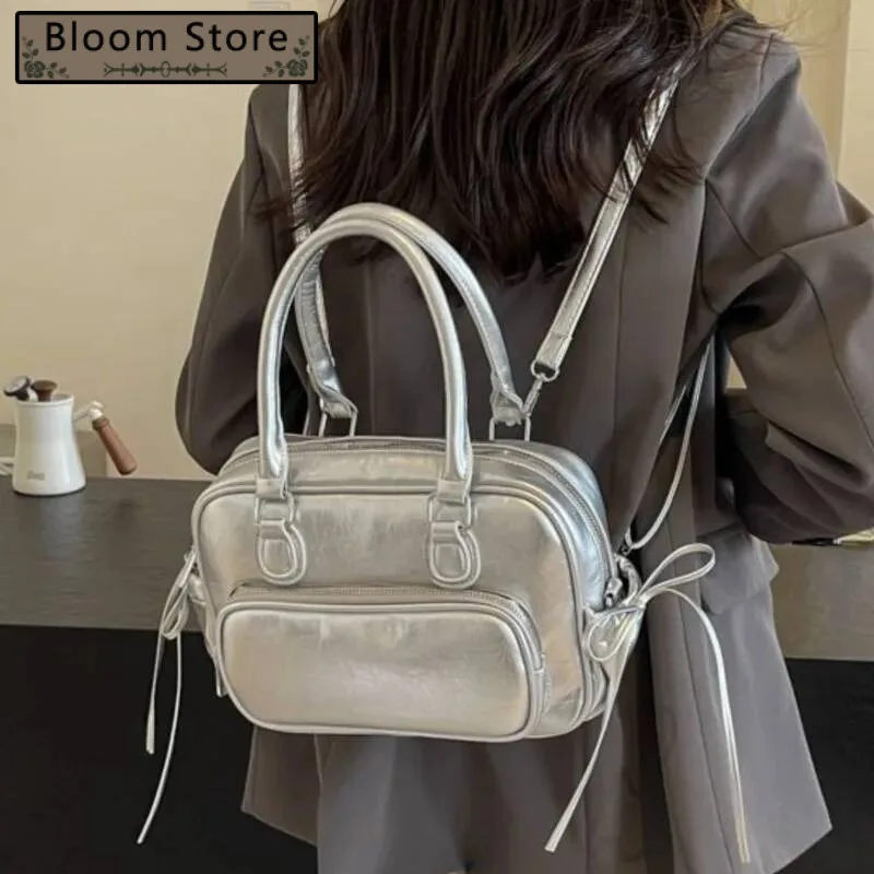 

Bloom Vintage Sier Backpack Women Hot Girls Bow Zipper Handle Mini Backpacks Female Retro Preppy Style Y2k Mochila Aesthetic
