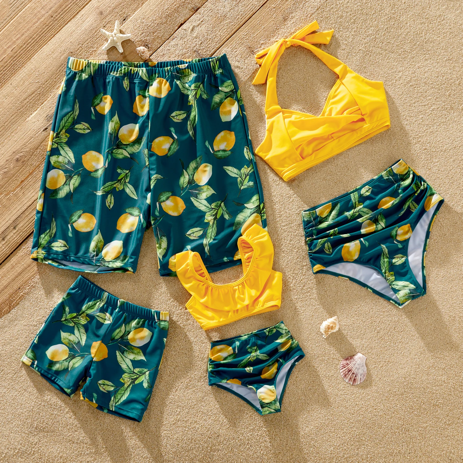 PatPat Family Matching Allover Lemon Print and Solid Halter Neck Two-piece Swimsuit or Swim Trunks Shorts