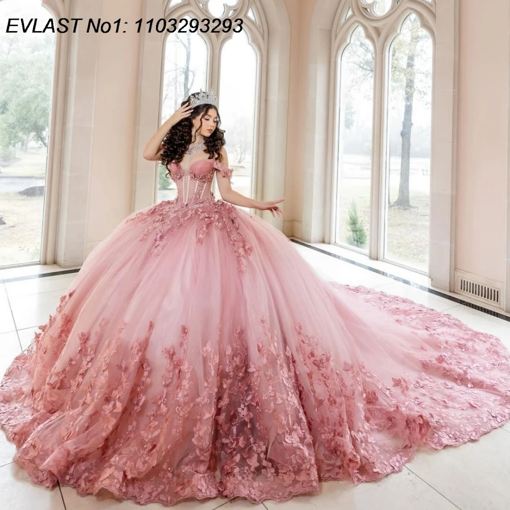EVLAST Aangepaste Glanzende Blush Baljurk Quinceanera Jurk Kant Applique Kralen Crystal Cape Sweet 16 Vestidos De 15 Anos E1Q917