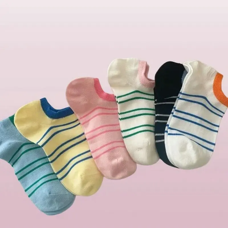 Chaussettes courtes invisibles coordonnantes pour femme, ensemble de rinçage des pieds, chaussettes bateau respirantes, rayures, mode estivale, nouveau, 2024, 5 paires