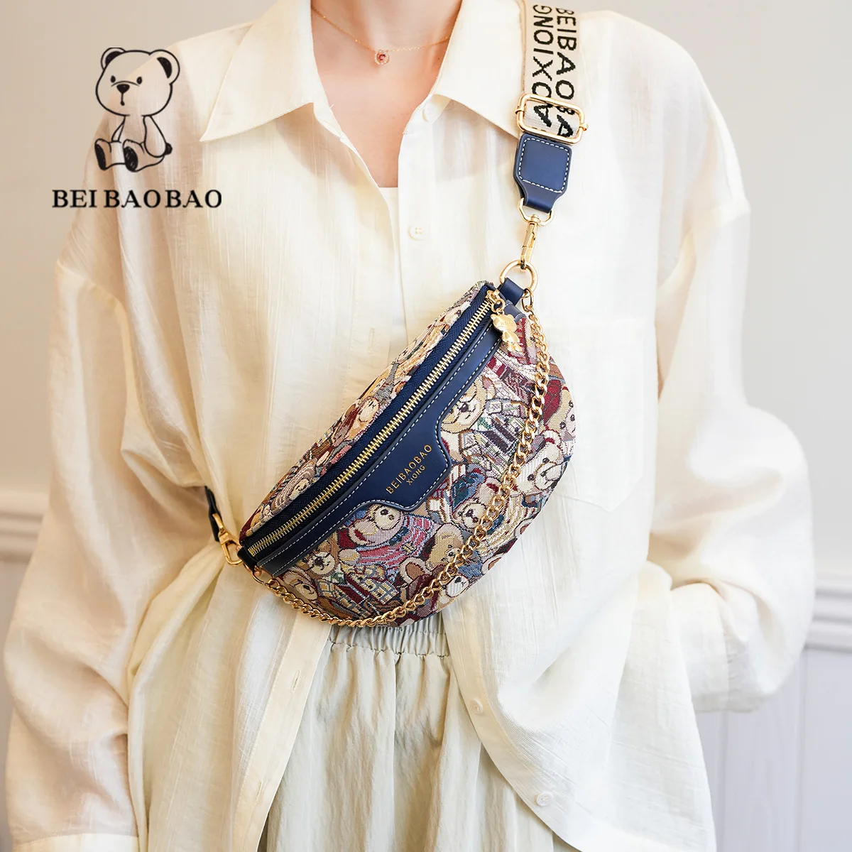 Beibaobao 2024 Summer New Fashion Canvas Small Bag Bear Shoulder Cross Shoulder Lightweight Chest Bag Women\'s Bag Waist Bag